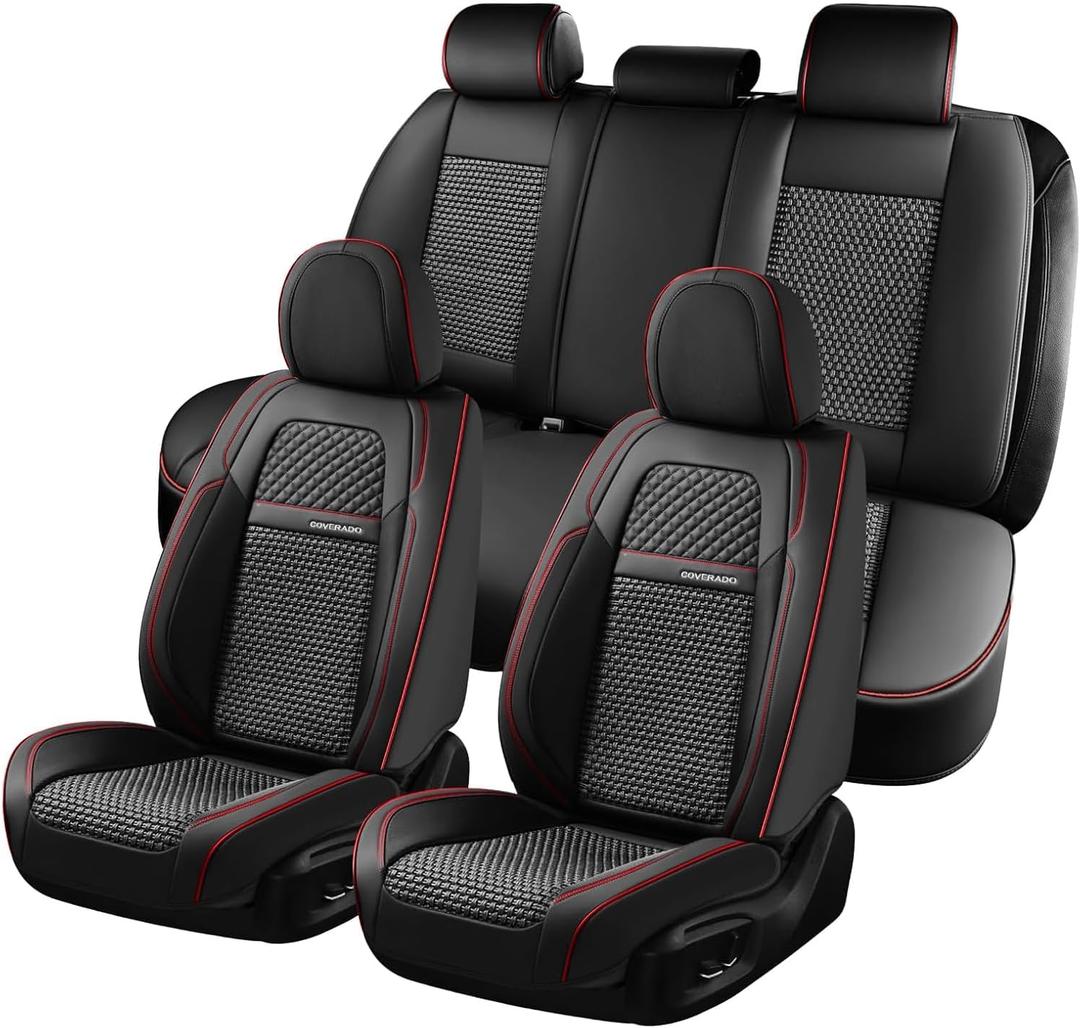 Coverado Car Seat Covers Full Set, Nappa Leather Black Seat Covers for Cars, Waterproof Car Seat Protector, Front and Back Seats Universal Fit for Most Vehicles (Red Line-L)