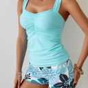 B2prity Women's Tankini Swimsuit Tummy Control Ruched Two Piece Bathing Suit Push Up Modest Swim Suits with Shorts (L, Blue)