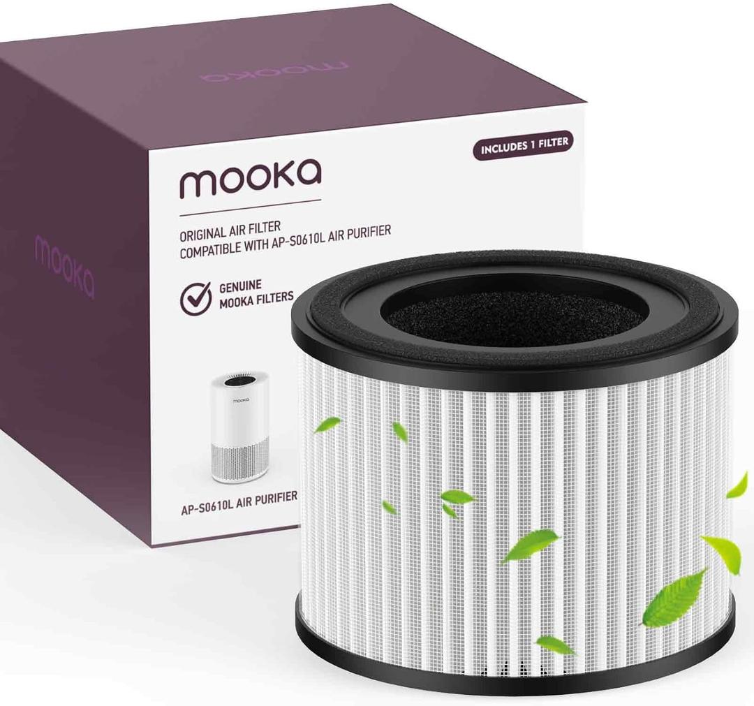 MOOKA AP-S0610L Air Purifier Filter, 3-in-1 True HEPA Filter, High-Efficiency Activated Carbon Air Filter for Allergies, Smoke, Odor, Dander, Pollen (White)