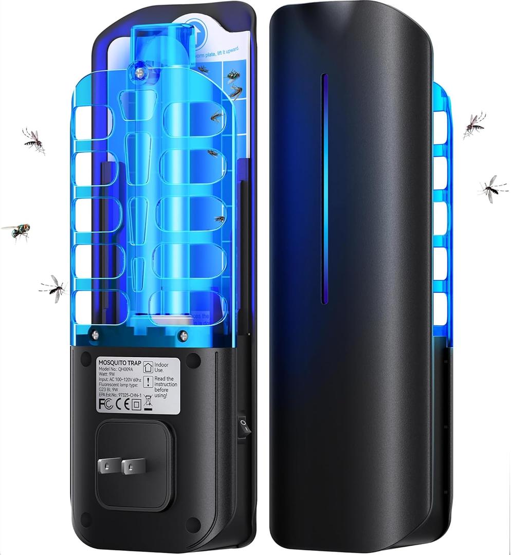 Flying Insect Trap Plug in Mosquito Bug Zapper Indoor Gnat Moth Catcher with 9W Night UV Light, 10 Sticky Glue Board Refills for Home Office (Black)