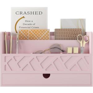 Wisuce Bamboo Mail Organizer Countertop Desktop with Drawer - All-in-One Desk File Organizer with Pencil Holder (Pink)
