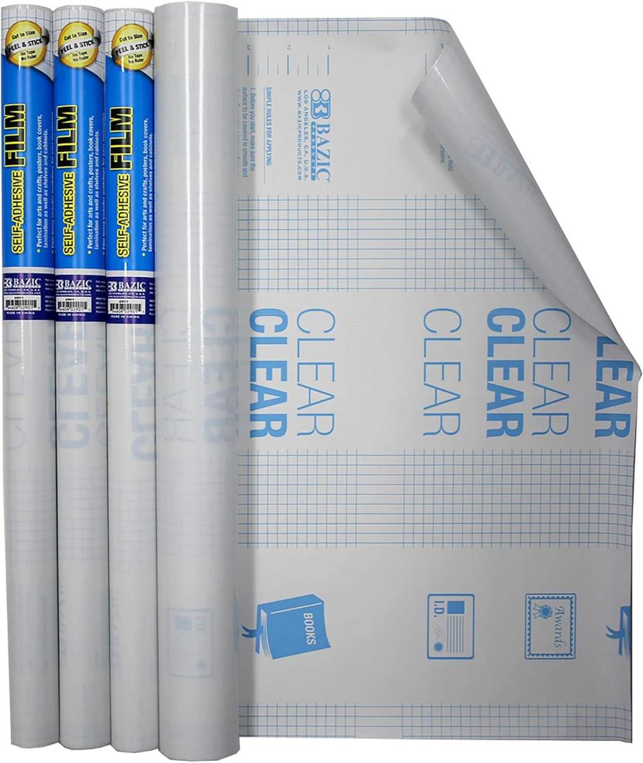 BAZIC Products Book Wrap - Clear Book Cover Self Adhesive Book Protector for Book Covers for Paperbacks, Plastic Cover for Books, Clear Contact Paper Peel and Stick, 17.5" x 1.7 Yard Roll, 4-Roll