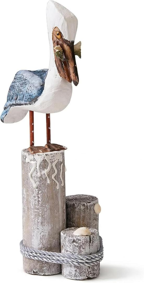 Nautical Pelican Statue - Handcrafted Wooden Bird Figurine for Coastal Home & Bathroom Decor, Vintage Beach Theme Art Sculpture, Rustic Outdoor Garden Decorations, Wood Carving Fish Statue