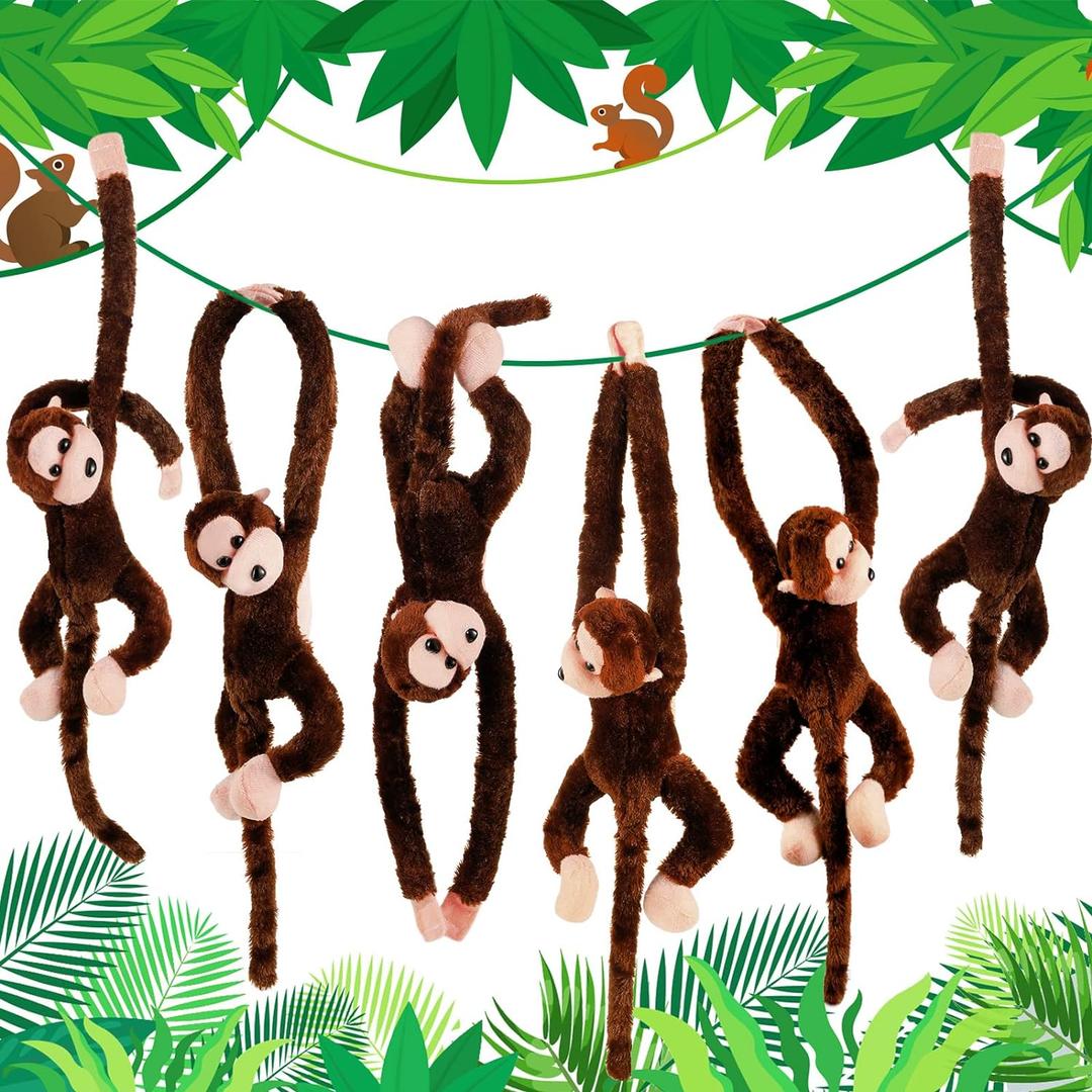 Hungdao 6 Packs Hanging Monkey Stuffed Jungle Animal Toy Gifts with Hook and Loop Jungle Party Hanging Plush Monkey for Classroom Birthday Party Decorations(Dark Brown,24 Inch)