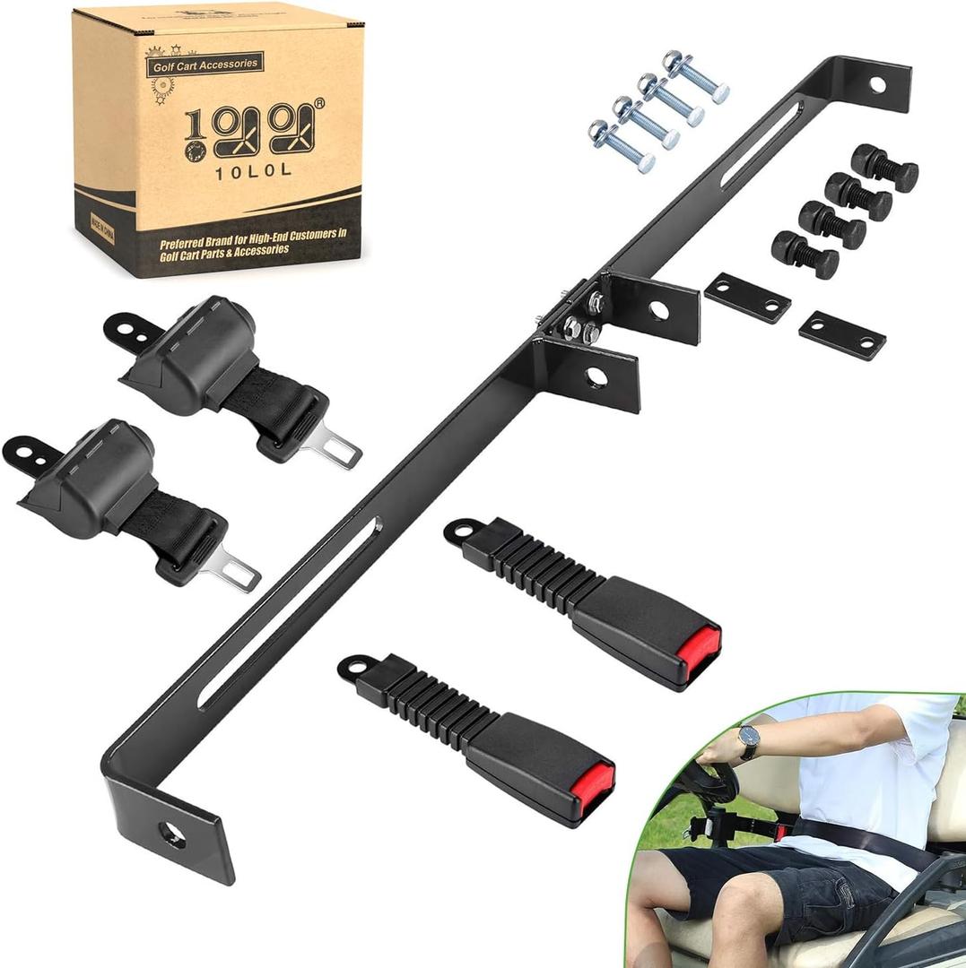10L0L Universal 2 Passenger Golf Cart Seat Belt Bracket Kit fit Yamaha, EZGO TXT/RXV, Club Car DS Front Seat, Retractable Seatbelts 42" Long