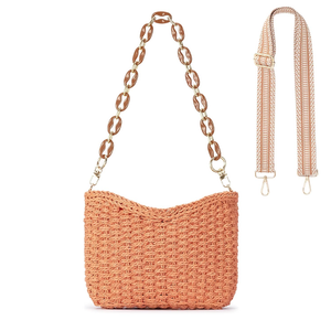 Herald Small Handmade Straw Pocketbook Crossbody Bag for Women, Summer Chic Woven Handbag Shoulder Purse with Chain