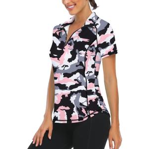 LURANEE Women's Short Sleeve Moisture Wicking Athletic Shirts Quarter Zip Pullover (Pink Camo), S