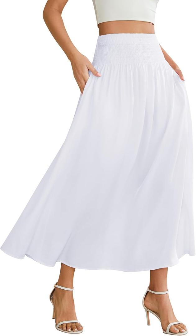 Women's Elastic High Waisted Midi Skirts with Pockets Trendy A-Line Flowy Swing Basic Skirt (Medium, White)
