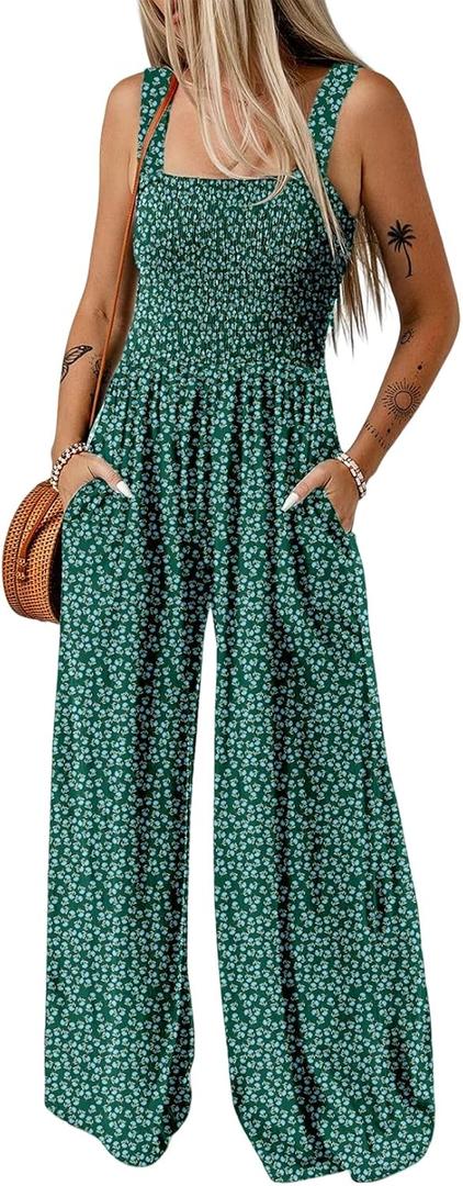 Happy Sailed Jumpsuits for Women Summer Casual Floral Print Sleeveless Jumpsuit High Waist Wide Leg Pant Rompers with Pockets (Green, XL)