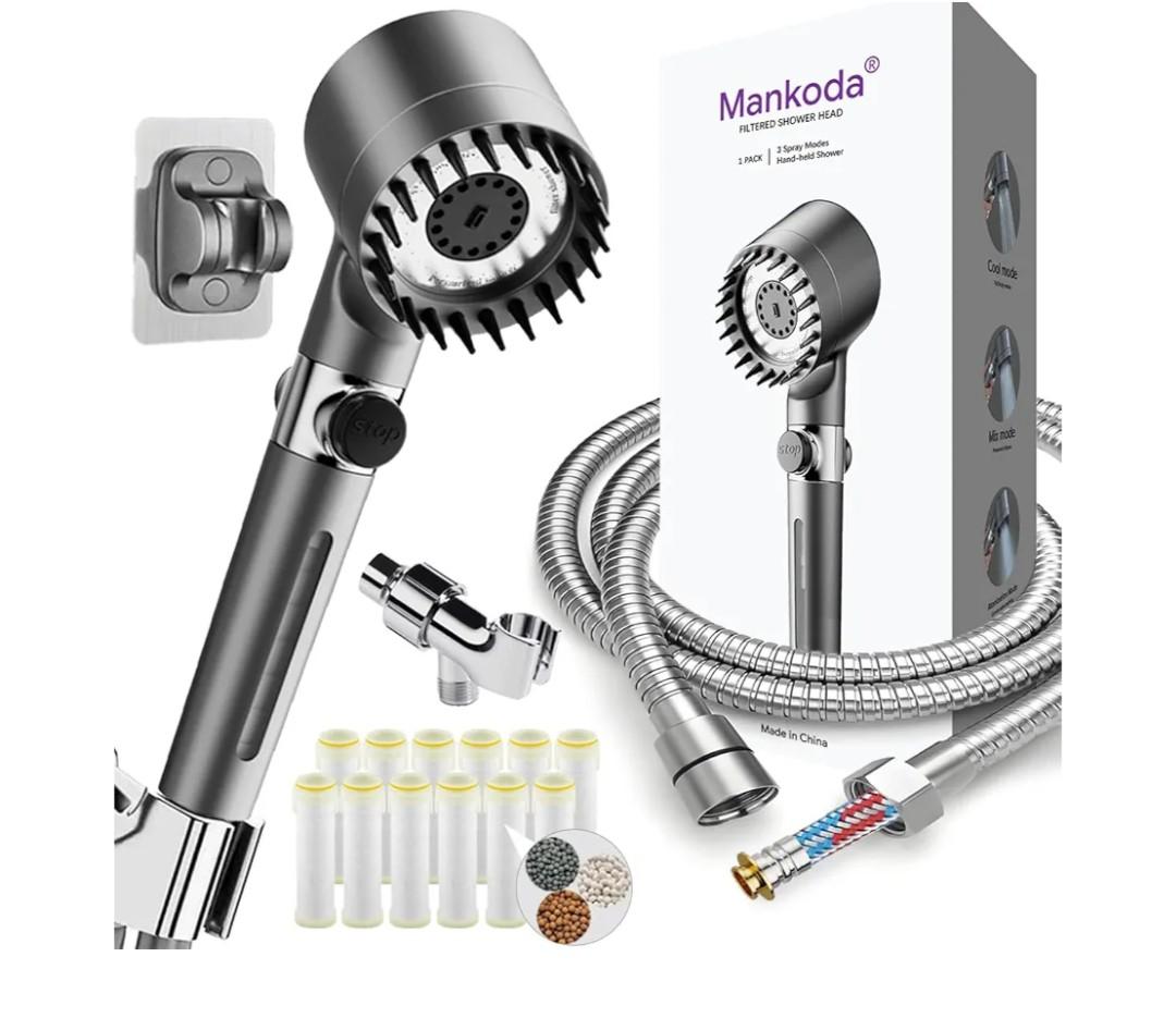 High Pressure Filtered Shower Head - 3 Spray Modes Shower head with Handheld, Detachable Showerhead with 12 Replaceable Water Softener Filters for Hard Water | Shower with 75" Anti-Burst Hose