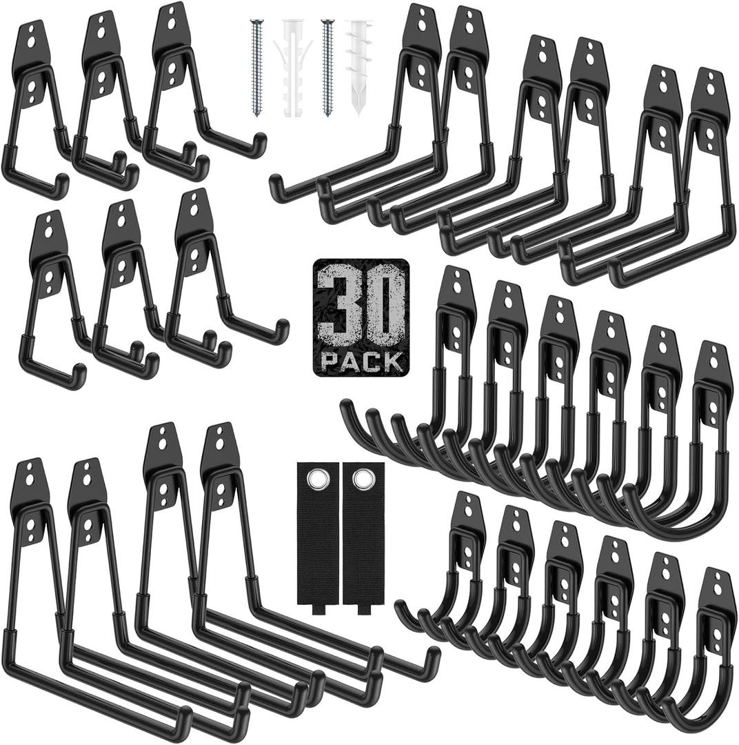 30 Pack Garage Hooks Heavy Duty, Rust-Resistant Solid Steel Wall Mount Hangers for Hanging Ladders & Bikes, Non-Slip PVC Coating Tool Organizer, 5 Sizes U & J Shapes + 2 Straps