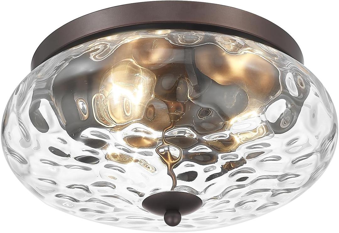 Darkaway Large Ceiling Light Fixtures, 3-Light Flush Mount Ceiling Light with Water Ripple Glass Shade for Indoor Outdoor Hallway Kitchen Bedroom Porch Living Room Oil-Rubbed Bronze Finish