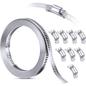 304 Stainless Steel Hose Clamp Assortment Kit DIY, Cut-To-Fit 12 FT Metal Strap+8 Stronger Fasteners,Large Adjustable Worm Gear Band Hose Clamps Screw Clamps Duct Pipe Metal Clamp Strapping