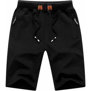 Tyhengta Mens Shorts Casual Drawstring Elastic Waist Workout Shorts with Zipper Pockets (Black)