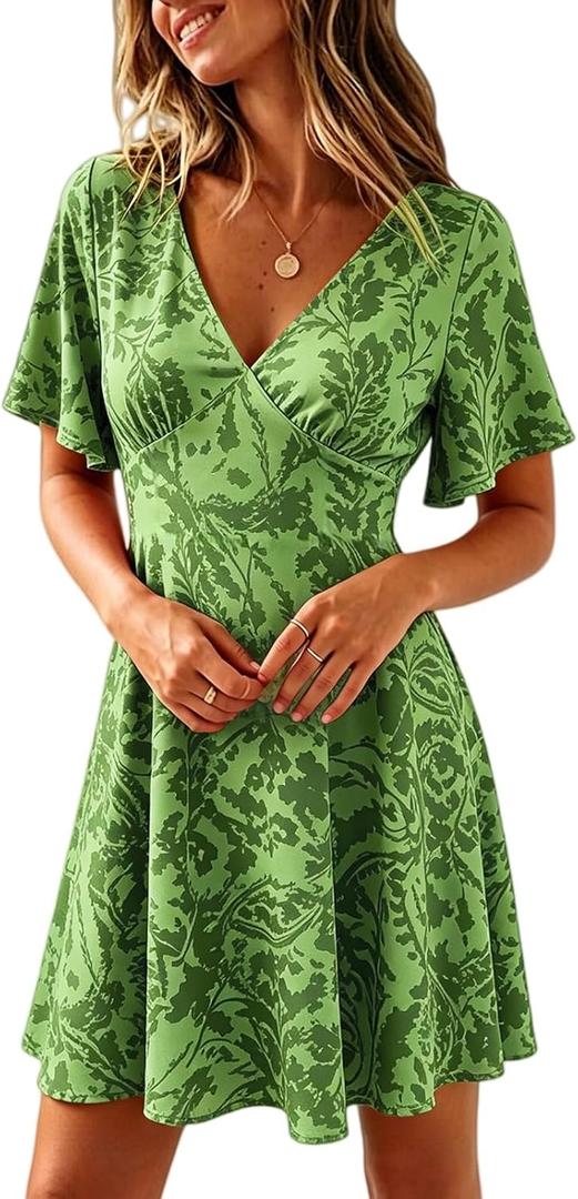 Casual Summer Dresses for Women Short Sleeve V Neck A Line Floral Mini Dress Flowy Beach Vacation Sundresses 2026 (Green, XXL)