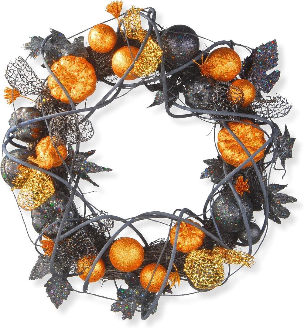 National Tree Company Artificial Halloween Wreath, Decorated with Multicolored Pumpkins, Gourds, Ball Ornaments, Ribbons, Vines, Assorted Leaves, Halloween Collection, 20 inches