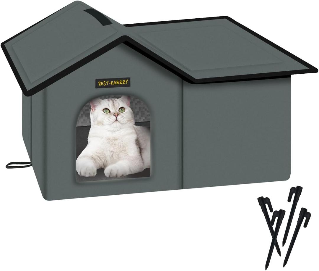 Rest-Eazzzy Cat House for Outdoor Cats, Weatherproof and Insulated Feral Cat House with Mat and Clip, Easy to Put Together, Selfwarming Cat Shelter for Winter(Grey, Waterproof House-L)