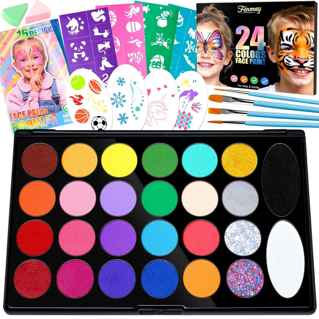 Face Painting Kit for Kids, Non-Toxic and Hypoallergenic Face Paint Makeup Kit| with Stencils, Book, Easy to Use and Safe for Kids, Fun for Halloween, Birthday Party, School Event (24 Colors+2 Glitter(80pc accessories))