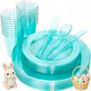 WDF 25 Guest Green Plastic Plates with Disposable Silverware&Green Cups-Neon Clear Plastic Dinnerware include 25 Dinner & Salad Plates,25 Forks, 25 Knives, 25 Spoons,25 Cups for Party