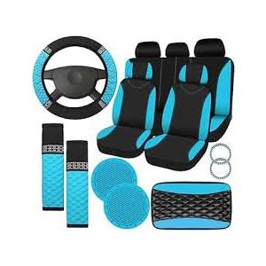 Fulmoon 17 Pcs Car Accessories Set for Women Seat Bling Leather Steering Wheel Cover Seat Belt Shoulder Pad Armrest Cup Holders Covers Full Crystal Decor Automotive Interior(Mint Green and Black)
