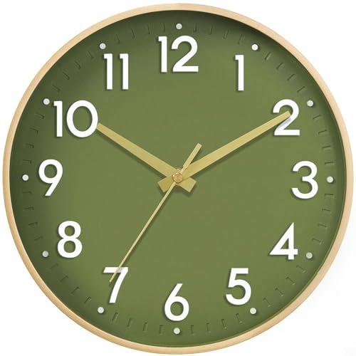Mosewa Wall Clock 14 Inch, Battery Operated Non-Ticking Modern Analog Clock Decorative for Kitchen, Bedroom, Office, Home(Olive Green and Gold)