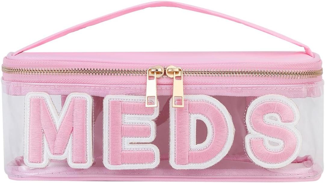 Clear PVC Letter Patch MEDS RX Makeup Bag with Metal Zipper, Large Capacity Nylon Transparent Medicine Bag with Top Handle, First Aid Travel Organizer Cosmetic Bag (02Pink MEDS)