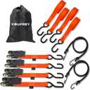 Ratchet Straps,Boat Tie Down Straps to Trailer, Motorcycle Straps,Kayak Tie Downs, 4-PK 1" x 15ft, 1800 LB Break Strength Safety S-Hook & 2 Bungees, Rubber Coated Handle Orange
