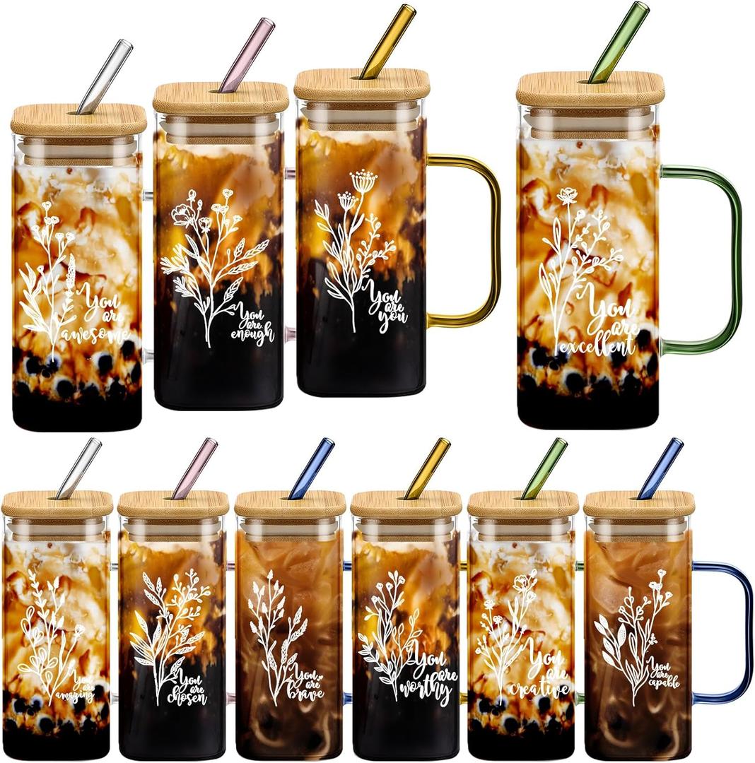 10 Pcs Valentine Inspirational Glass Cups Bulk 13.5oz Thank You Gifts for Women Motivational Glass Tumbler with Handle Straw Employee Appreciation Cup for Staff Coworker Office (Women Style)