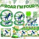 Dinosaur 4th Decorations Boy for Boy Roar Im Four Birthday Party Tableware Set include Straws Glitter Banner Plates Napkins Cups Tablecloth for 4 Year Old Dino Birthday Supplies, Serves 25