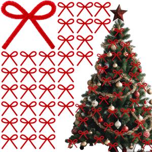 60 Pcs Red Christmas Tree Bows Christmas Tree Decorations Rustic Crafts Gift Bows Vintage Gift Wrapping Decorations Bendable and Twistable for Xmas Garland Wreath Indoor (3.15 Inches/ 8 cm)