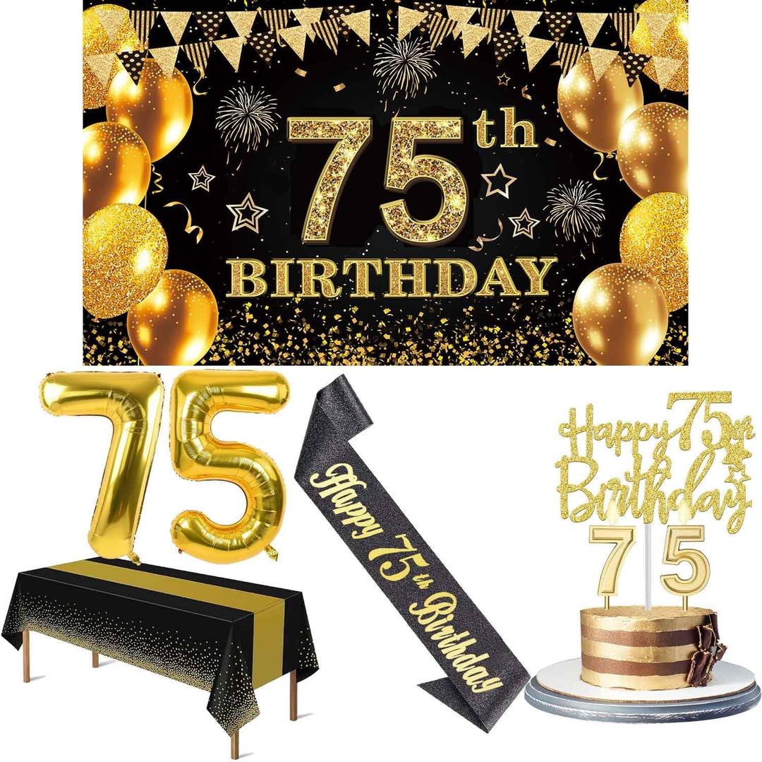75th Birthday Decorations Men Women with 75th Birthday Banner, Black and Gold Table Cloth, Number Balloons, Large Sash, Cake Topper and Candles