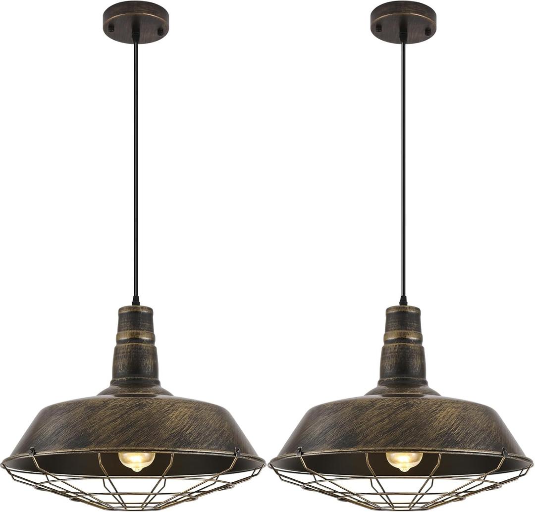 Brass Industrial Pendant Lights 2 Packs, 18.1 Inch Oversized Farmhouse Vintage Pendant Light, Black and Brass Barn Pendant Light with Wire Cage, Island Pendant Lights for Kitchen Warehouse