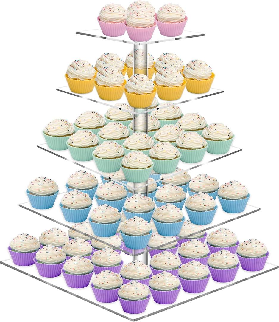 Weddingwish 5 Tier Cupcake Stand, Acrylic Cupcake Tower Stand, Square Tiered Display Stand, Clear Dessert Table Display Stand for Wedding,Birthday,Party