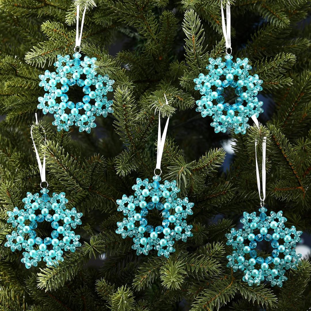 5 Pcs Christmas Crystal Beaded Snowflake Ornaments 3.2 Inch Clear Acrylic Pearls Beaded Hanging Ornaments Kits Christmas Tree Decorations for Winter Party Indoor Home Decorations(Blue)
