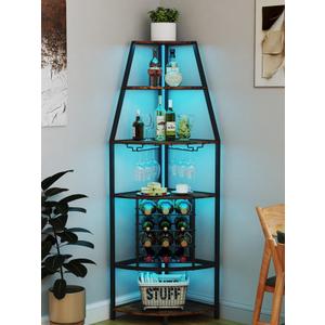 Qriocioa 6-Tier Corner Wine Rack with LED Lights Floorstanding Wine Cabinet with Glass Holder&Bottles Wine Storage Industrial Corner Liquor Cabinet Bar for Home Bar Kitchen Living Room Dining Room