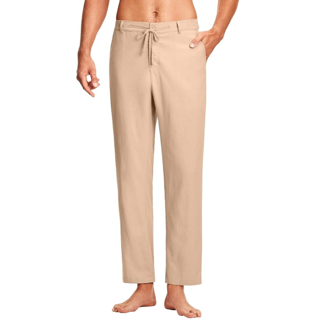 ISEEGZ 30" Men's Linen Pants Casual Dress Pants Drawstring Lightweight Business Trousers with 4 Pockets Beach Summer Khaki, XL