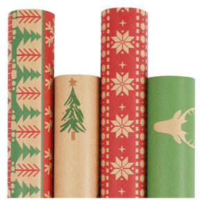 LaRibbons Kraft Christmas Wrapping Paper Set, 30 Inch X 10 Feet (4 Rolls: 100 Sq. Ft. Ttl) Snowflake, Green Tree, Deer Antlers and Gift Box Shapes Design for Xmas, Party, Holiday, Celebration