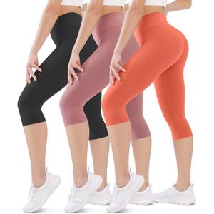 FEYHAY 3 Pack Capri Leggings for Women - High Waisted Yoga Pants with Pockets, Buttery Soft Stretchy Workout Running Cycling (Small-Medium, Black/Pink/Orange Red)