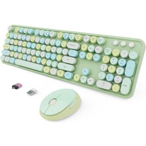 Wireless Keyboard and Mouse Combo, Ergonomic Full Size Typewriter Retro Round Keycaps Keyboard, Compatible with Windows, PC, Perfer for Home and Office Keyboards (Green