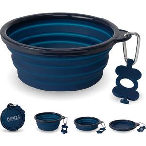 Bonza Collapsible Dog Bowls - Large 33 oz, Dog Travel Accessories, Silicone Portable Dogs Bowl & Water Dish with Reinforced Rim & Carabiner for Hiking, Camping, and Car Trips, Navy Blue Bonza Collapsible Dog Bowls - Large 33 oz, Dog Travel Accessories, Silicone Portable Dogs Bowl & Water Dish with Reinforced Rim & Carabiner for Hiking, Camping, and Car Trips, Navy Blue