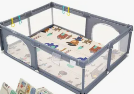 Seeday Baby Playpen with Mat for Babies and Toddlers, 73" x 61" Large Baby Play Pen Playard for Indoor & Outdoor with Soft Breathable Mesh, Ocean Balls and Pull Links, Dark Grey