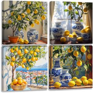 CCWORKERRY Lemon Wall Art Kitchen Pictures 4 PCS Yellow Citrus Fruit Canvas Prints Lemon Tree Paintings Dining Room Wall Decor Framed(White,12" x 12"x4P)