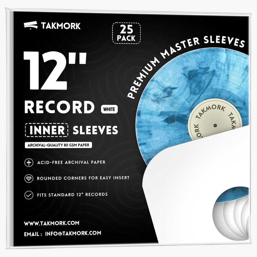 TAKMORK 12-Inch Vinyl Record Inner Paper Sleeves - 80g Heavyweight Paper for 33 RPM LP & Albums, Protective Inserts with Center Hole & Rounded Corners, White, 25pcs