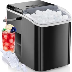 Portable Countertop Ice Machine Maker with Handle, Bullet Ice, 9 Cubes in 6 Mins, 26.5lbs/24Hrs, Self-Cleaning, Black