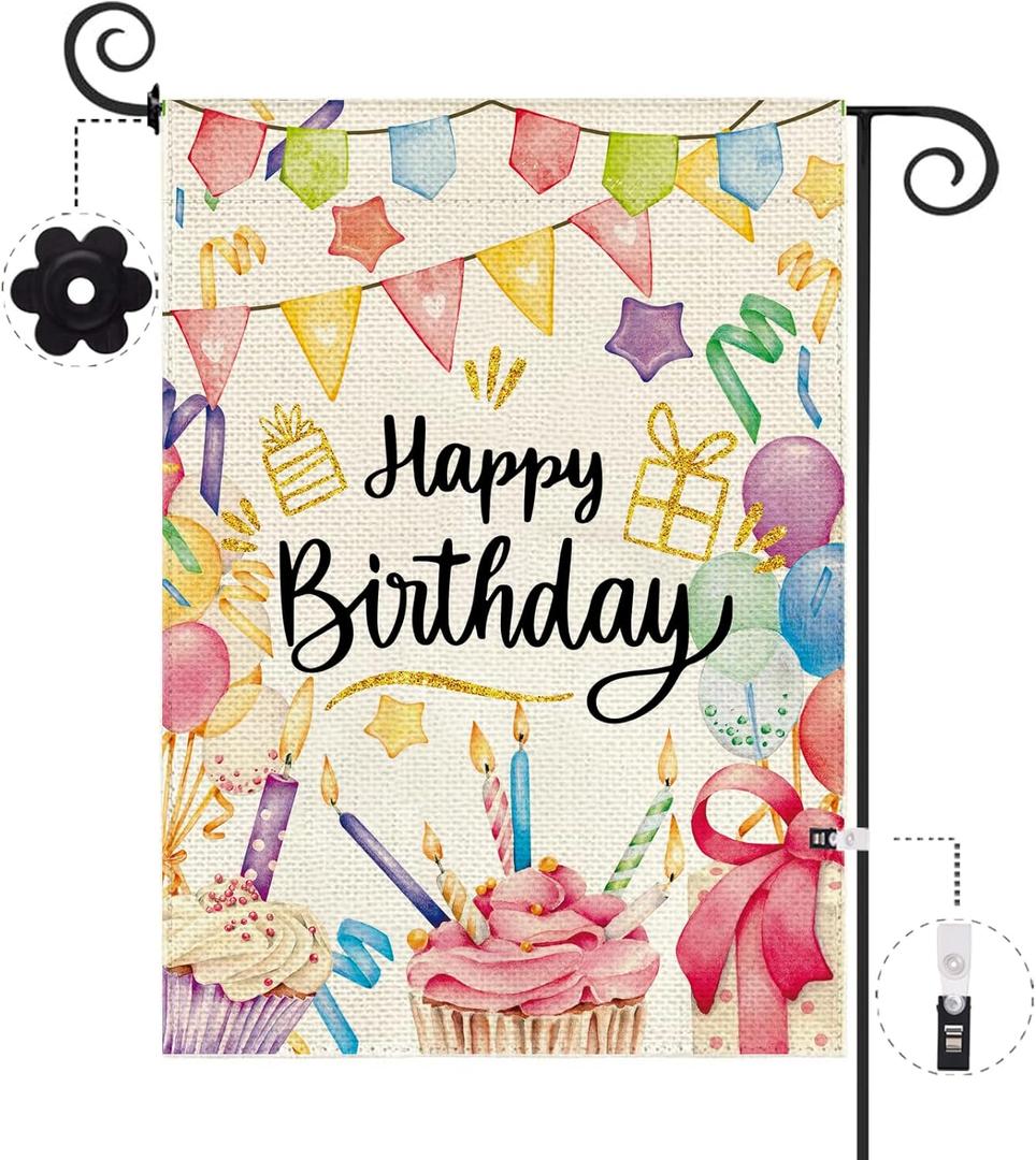 Baccessor Happy Birthday Garden Flag 12.5 x 18 Inch Double Sided Burlap Spring Summer Colorful Party Decor Balloons Candles Cupcakes Small Yard Flag Holiday Seasonal Outdoor Outside Decoration