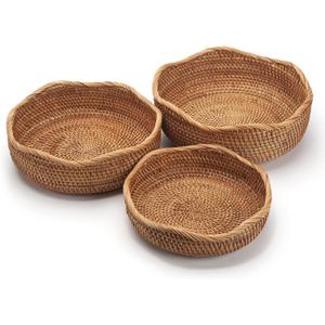 Rattan Bread Baskets Round Woven Fruit Bowls Key Holders Stackable for Storage, Snack, Fruit, Vegetable Natural Set of 3 (Wave)