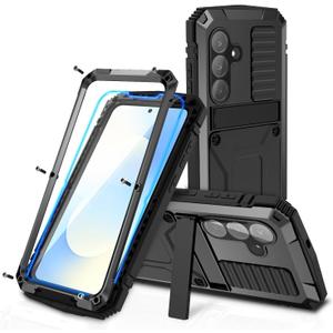 for Samsung Galaxy S25 FE Metal Military Heavy Duty Case, Metallic Bumper Shockproof Dustproof Rugged Tough with Stand Screen Protector Camera Control Full Body Drop Protective Cover (Black)