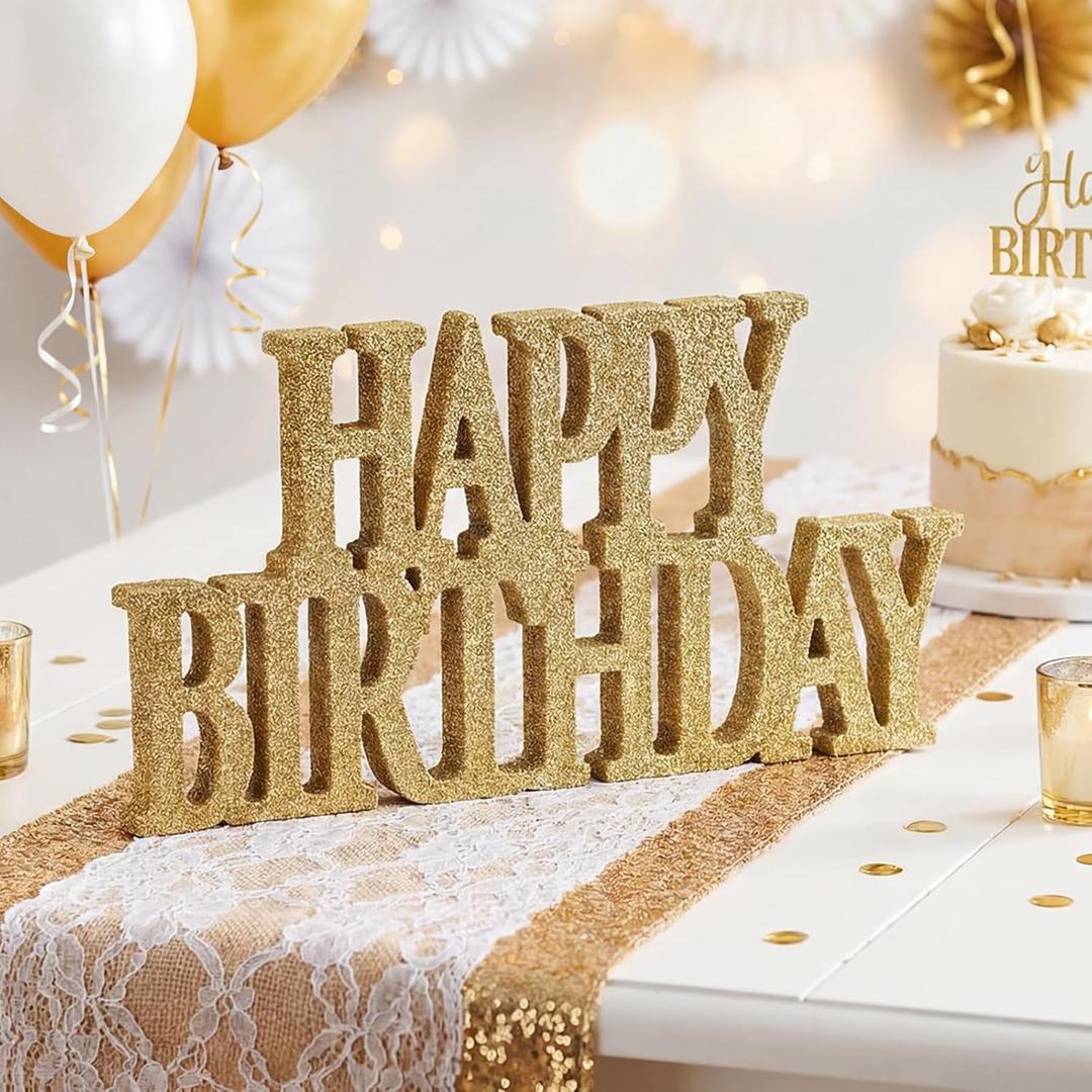 Novabright Glitter Champagne Gold Happy Birthday Sign Centerpieces for Table Birthday Party Decorations for Women Bday Birthdays Themed Celebration Party Supplies