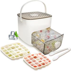 Ice Cube Tray for freezer with 2 Trays and Ice Storage Bin Tweezers, 48 Grid Ice Making Mold Ice Maker with Easy to Press Lid, for Whiskey Cocktails Beer Coffee (White)