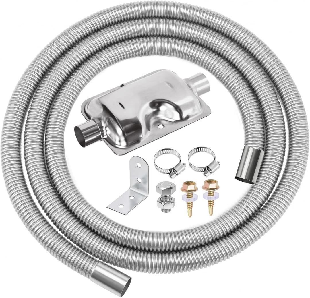 Swpeet 8Pcs 1" x 118" - 25mm x 300cm Stainless Steel Diesel Heater Exhaust Pipe and Exhaust Silencer Muffler with 18mm-29mm Hose Clamps Kit, Fuel Tank Diesel Gas Vent Hose Exhaust Tubing for Car